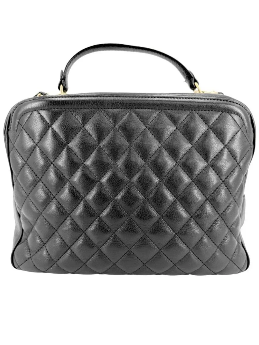 Chanel 2-Way Quilted Vanity Chain Shoulder Bag Crossbody Leather Black Gold